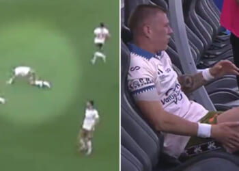 Moment unlucky footballer collapses with injury seconds before kick-off before breaking down in tears on bench