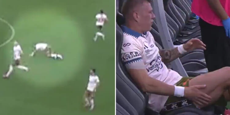 Moment unlucky footballer collapses with injury seconds before kick-off before breaking down in tears on bench