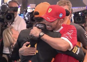 Watch moment Lewis Hamilton gatecrashes F1 champion Lando Norris' live TV interview to make classy gesture