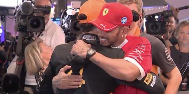 Watch moment Lewis Hamilton gatecrashes F1 champion Lando Norris' live TV interview to make classy gesture