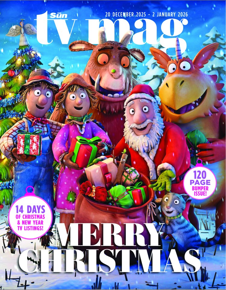 Illustration of various animated characters, including Santa Claus, holding presents in a snowy Christmas scene.