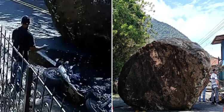Terrifying moment locals run for their lives as giant boulder rolls down road & crushes motorbike after falling off hill