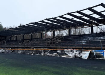Top flight stand burnt to the ground with pitch destroyed in horrific stadium fire