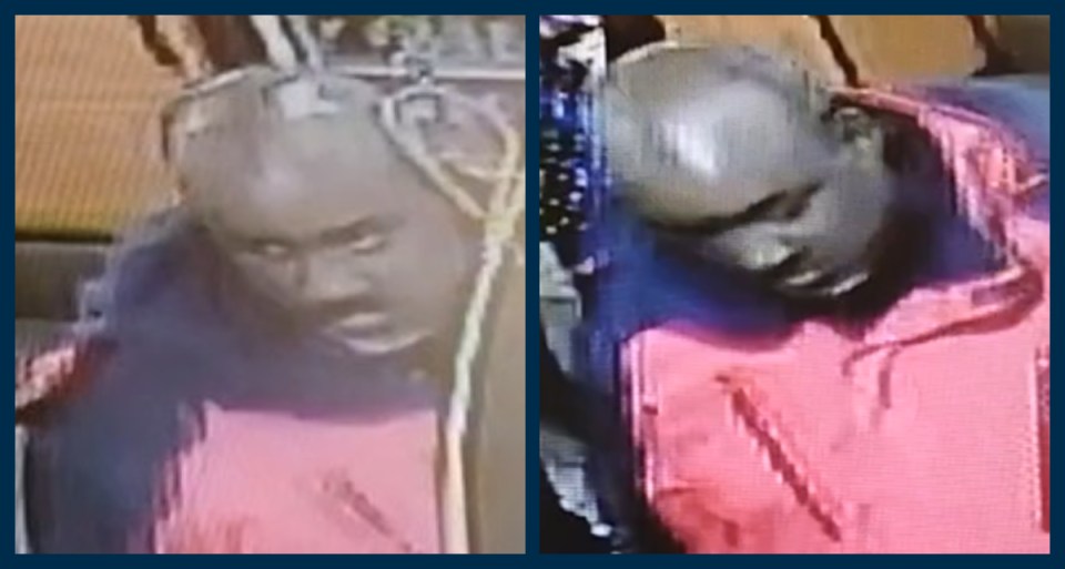 Collage of two CCTV images showing a man with a shaved head and a dark and red jacket.