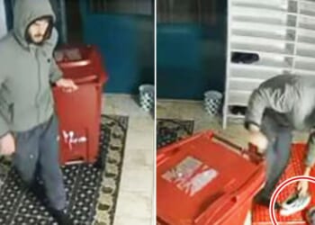 Moment burglar takes off his SHOES in mosque raid before making off with safe full of cash hidden in wheelie bin