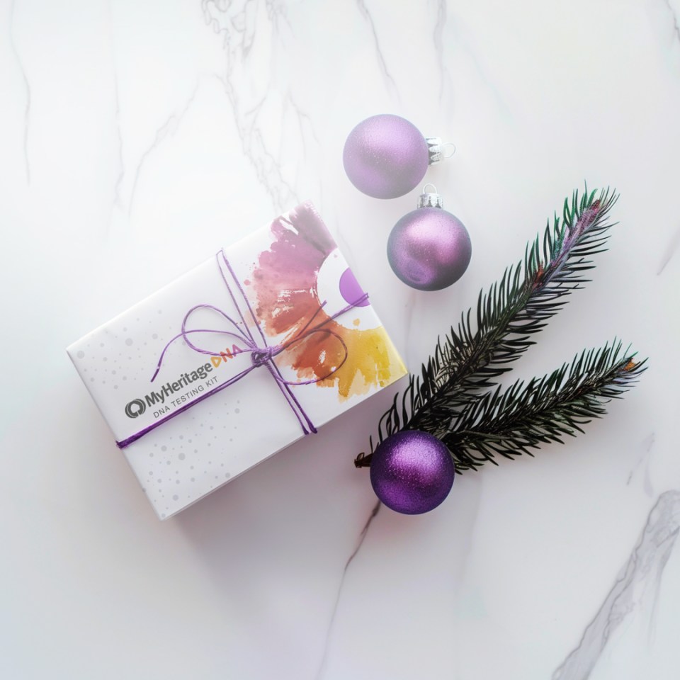 MyHeritage DNA testing kit wrapped as a gift next to Christmas ornaments and a fir branch.
