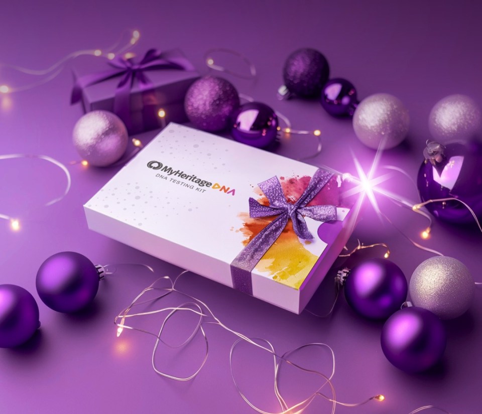 MyHeritage DNA testing kit box, wrapped with a purple ribbon, surrounded by Christmas ornaments and string lights.