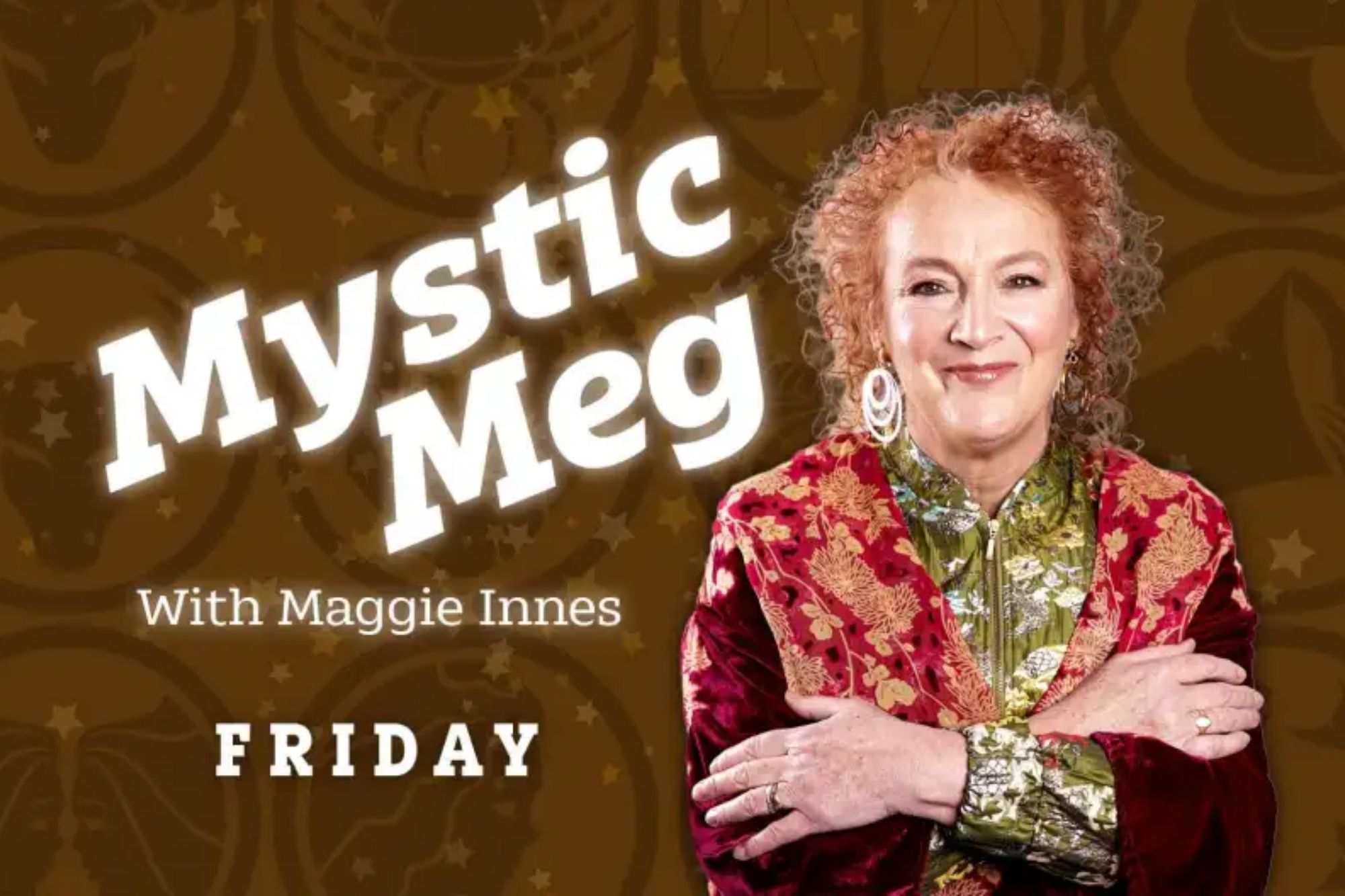 An image collage containing 1 images, Image 1 shows Mystic Meg with Maggie Innes, Friday