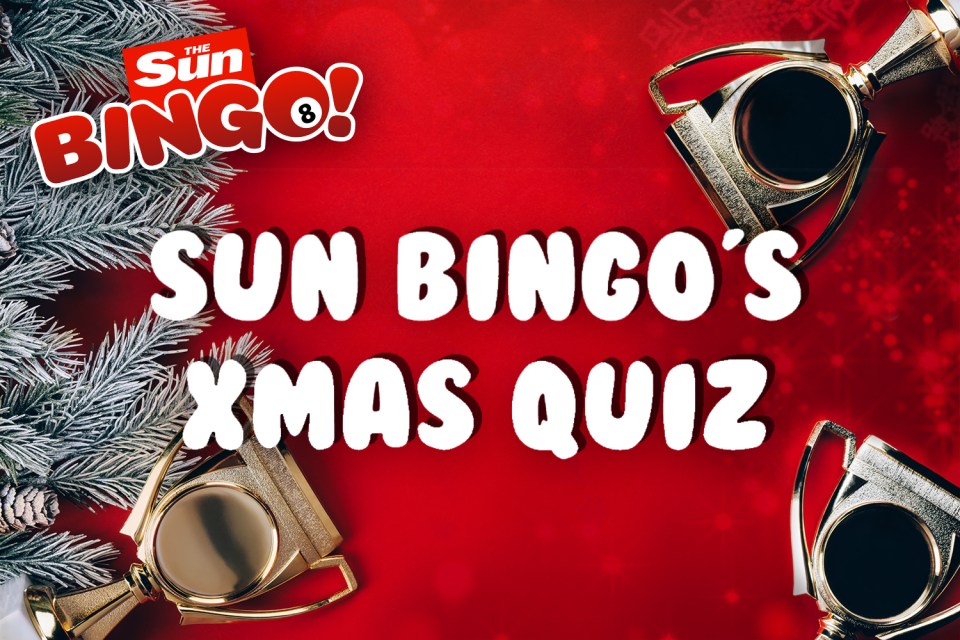 Image with "The Sun Bingo!" logo and text "SUN BINGO'S XMAS QUIZ" on a red background with festive decorations and trophies.