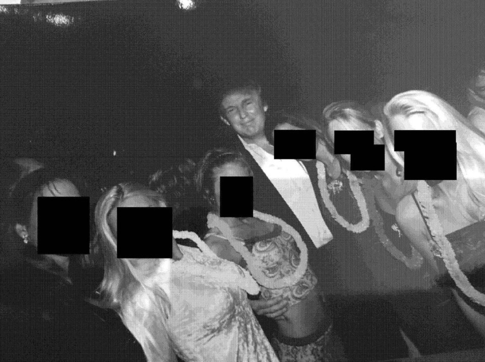 A black and white image of Donald Trump and six other individuals whose faces are redacted.