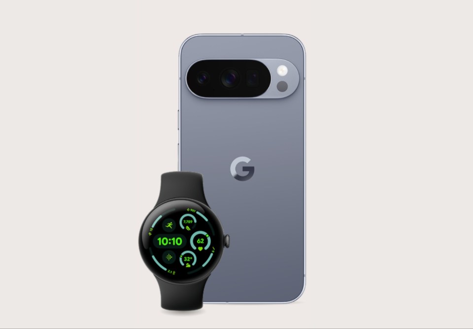 Illustration of a Google Pixel phone and a Google Pixel Watch with a light background.