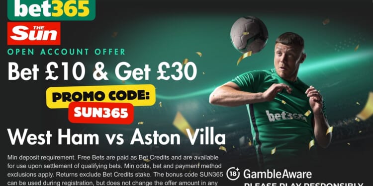 £30 bonus for West Ham vs Aston Villa with SUN365