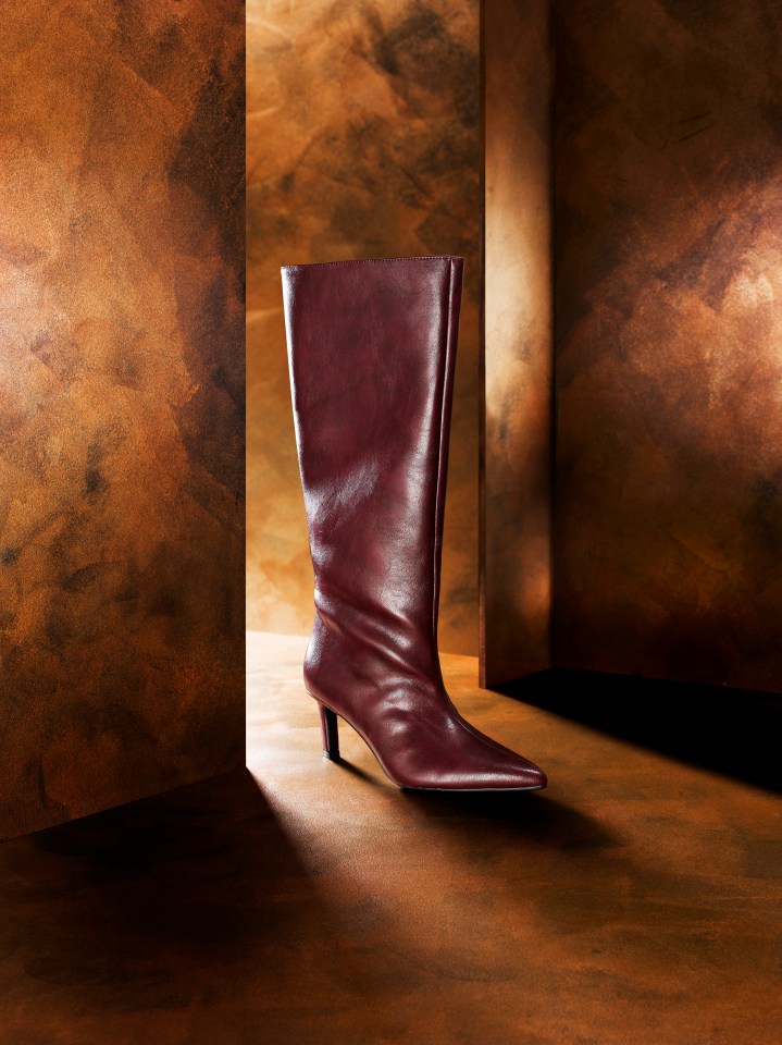A single burgundy leather boot with a pointed toe and kitten heel stands upright against a textured brown and copper background.