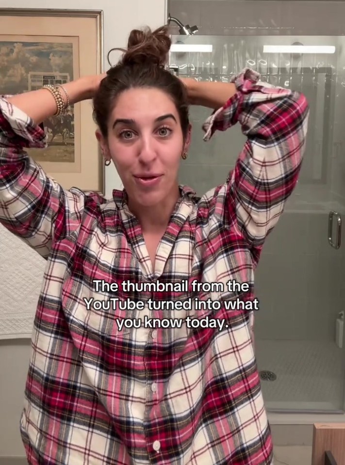 A woman in a red and white plaid shirt with her hair in a bun looking at the camera with text on the bottom.