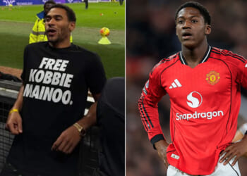 Kobbie Mainoo's Love Island star brother wears 'Free Kobbie Mainoo' shirt to Man Utd vs Bournemouth at Old Trafford