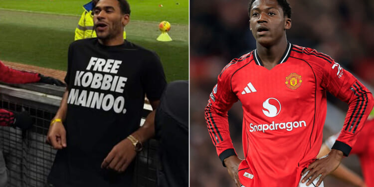 Kobbie Mainoo's Love Island star brother wears 'Free Kobbie Mainoo' shirt to Man Utd vs Bournemouth at Old Trafford