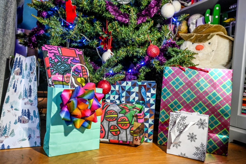 Christmas presents underneath a tree.