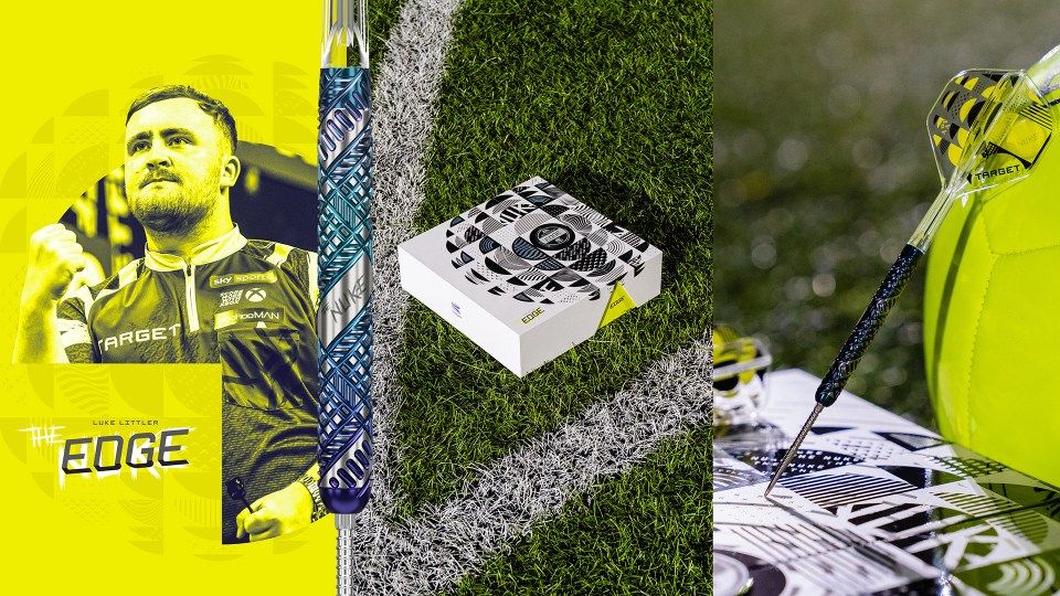 Collage of Luke Littler, his "The Nuke" dart, the "Edge" box, and "The Nuke" dart next to a neon yellow football.