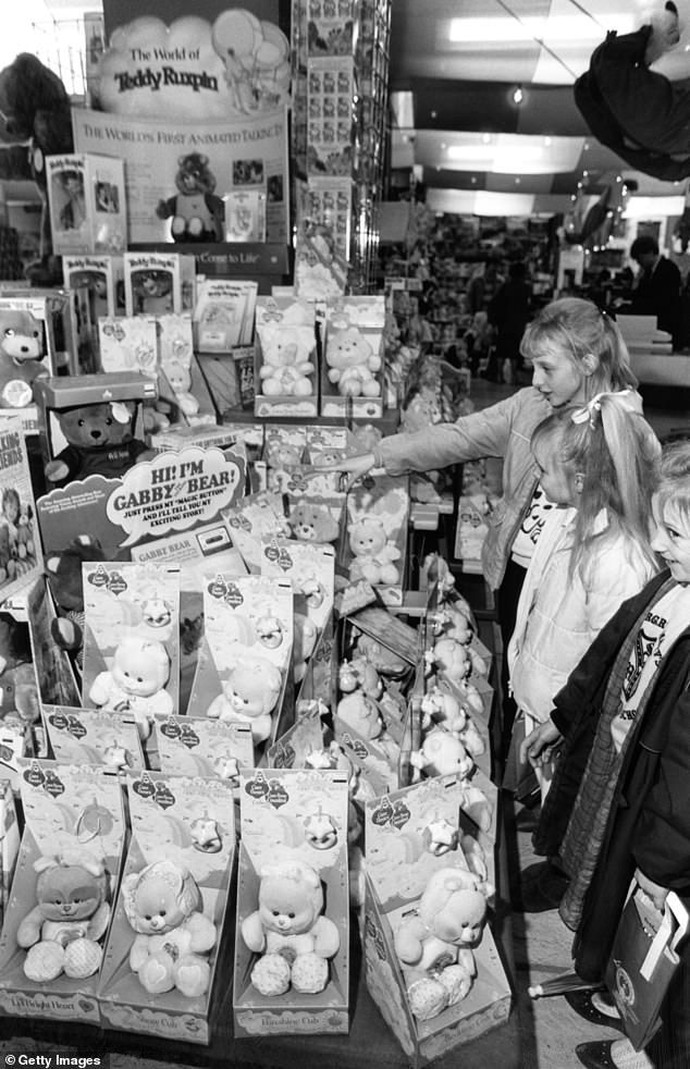 Alongside Care Bears, there was also the Gabby Bear Dolls, an animatronic teddy bear that rivalled the more popular Teddy Ruxpin (Young shoppers in Liverpool in 1986 look at Gabby Bear Dolls on sale)