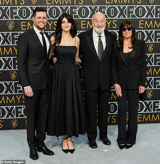 Reiner and his wife, a photographer, were first introduced on the set of When Harry Met Sally and married a few months later. They had three children, Nick (not pictured), Jake (left) and Romy (second to left). Romy lives with her children in a house across the street from her parents; pictured together in January 2024 in LA