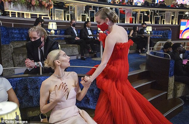Vanessa Kirby and Amanda Seyfried at the 2021 Oscars, which was held in a train station because of COVID and was watched by just 20 million people