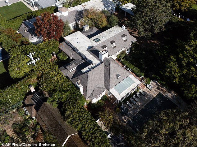 An aerial view shows the couple's home in Brentwood, LA, where they were found dead