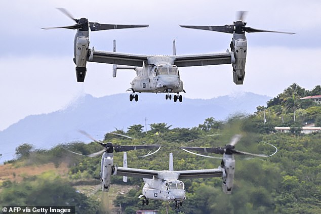 Two US Marine Corps MV-22 Ospreys depart at Mercedita International Airport on Wednesday in Ponce, Puerto Rico