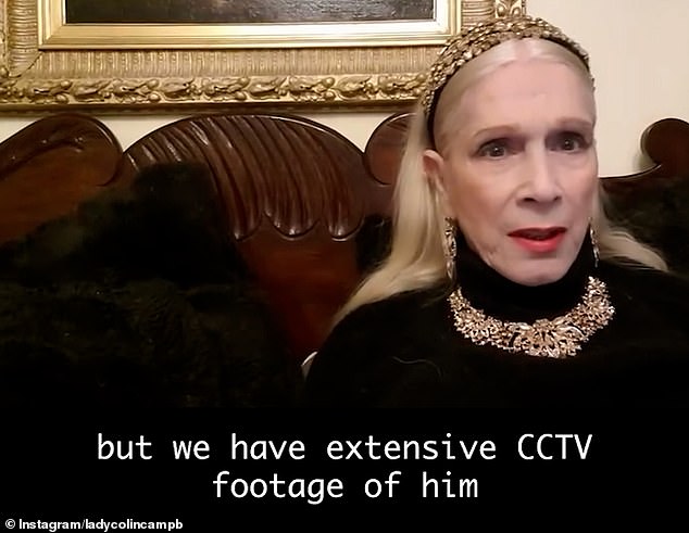 The socialite, pictured in a social media video showing CCTV footage of the incident, is offering a reward for help catching the burglar