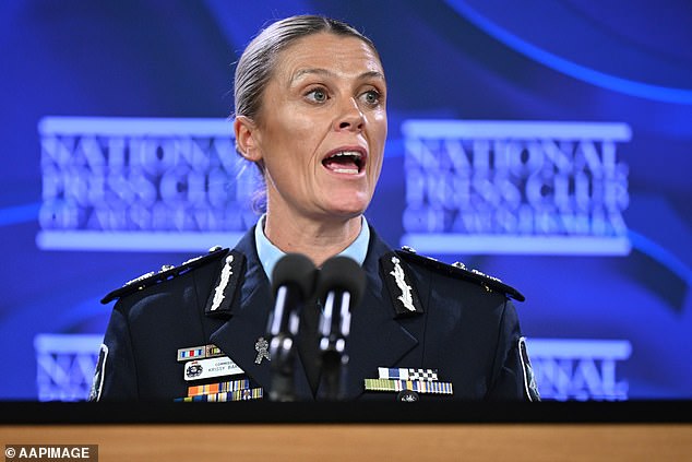Australian Federal Police Commissioner Krissy Barrett addresses the National Press Club in Canberra, Wednesday, October 29, 2025. (AAP Image/Lukas Coch) NO ARCHIVING