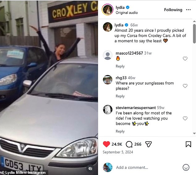Last year, she proudly posted pictures from 21 years ago when she picked up her first car, a Corsa from a dealership in Croxley Green
