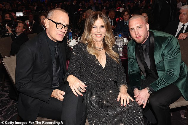 Wilson and Hanks' son Chet, 35, has been frank about previously struggling with his own substance abuse issues, which he conquered with the support of his parents; pictured 2014