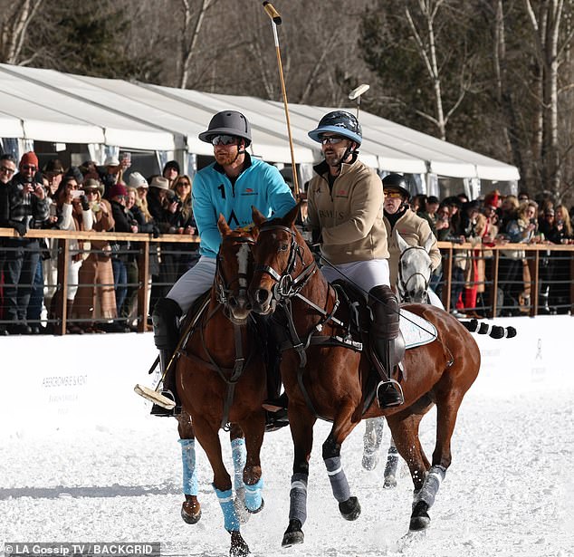 The Duke of Sussex competes in the World Snow Polo Championships in Aspen yesterday