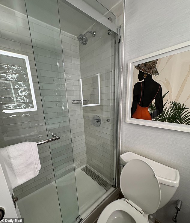 A bathroom inside a Pierside hotel suite like the one Nick would have had in room 207