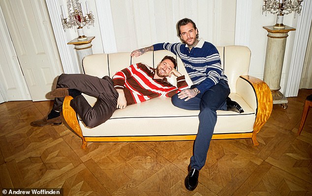 Made In Chelsea star Sam wears trousers and Mango while The Only Way Is Essex heartthrob Pete wears a blue pair from M&S. The podcasters both relax in Kiltane polos and shoes from Bobbies