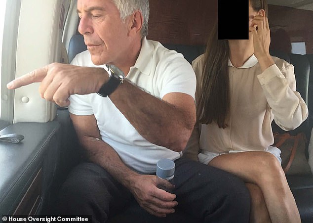 Jeffrey Epstein is seen on a private yet, with an unidentified young woman sitting next to him