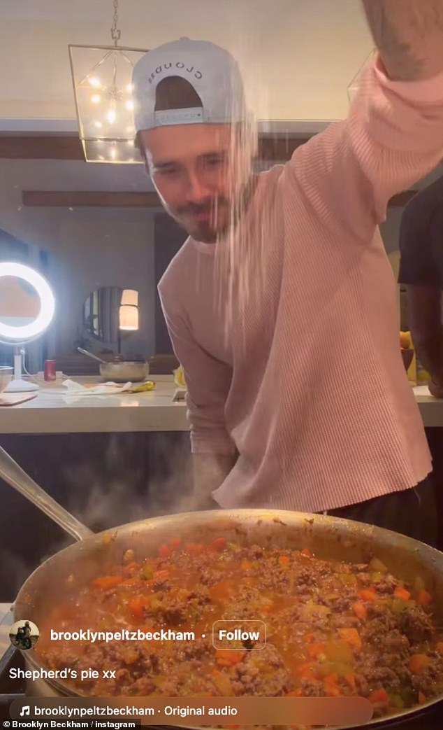 Brooklyn, who is based in the US with heiress wife Nicola, seasoned and cooked the meat before preparing the vegetables and constructing the pie with a mashed potato top