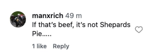 They said: 'Lamb in a Shepherd's pie': 'Was that beef? Isn't that cottage pie? Shepherd's pie is with lamb': 'Beef is cottage pie, lamb is Shepherd's pie': 'If that's beef, it's not Shepherd's pie':