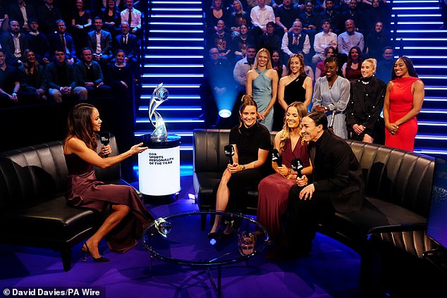 During the show (L-R) Ella Toone, Lauren Hemp and Lucy Bronze spoke to Alex