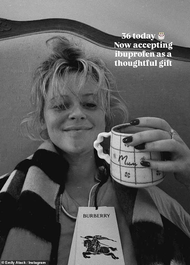 The Rivals star shared the fun selfie as she enjoyed a cup of tea in wed while draped in a newly received Burberry scarf