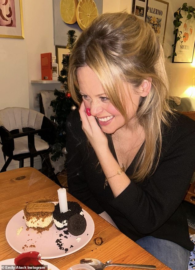 Emily was later surprised with a cake and shared beaming snaps as she blew out her candles before cheekily captioning the post: '36 yer p***ks'