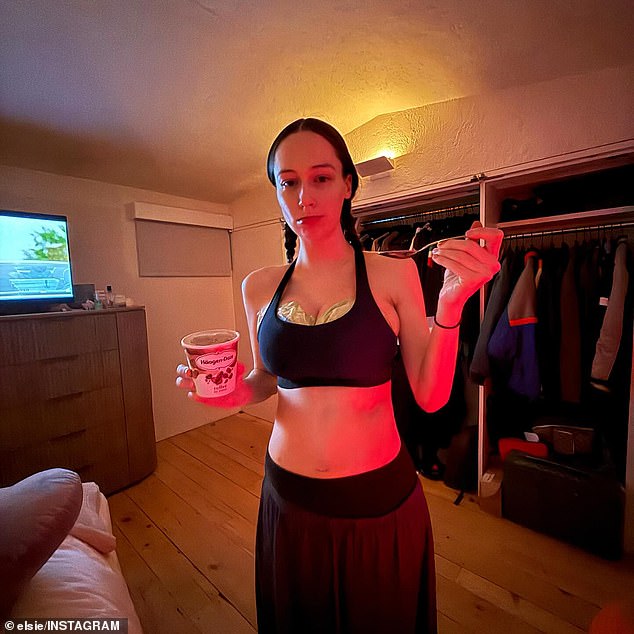 Hewitt also included a glimpse at her postpartum journey as she posted a photo of herself eating ice cream in a crop top