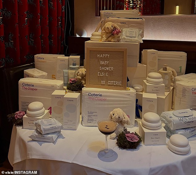 Another table inside the space had diapers from the brand Coterie and a sign that read: 'Happy baby shower Elsie xx Coterie'