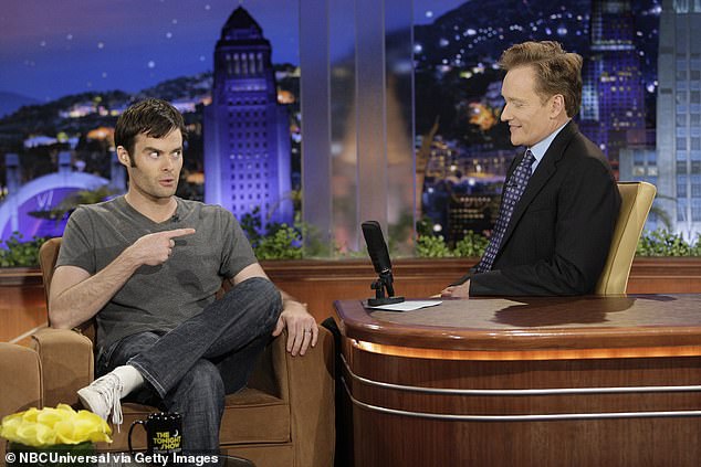 And at one point, Nick was reportedly introduced to Hader (pictured, left, with O'Brien), before Nick then awkwardly 'interrupted' the SNL comic. Hader is said to have then told Nick that he was 'in the middle of a private conversation', which prompted an angry outburst