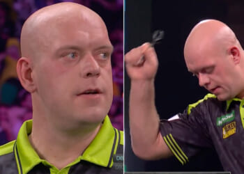 Van Gerwen close to tears and makes angry gesture after worst ever World Championship performance following horror year