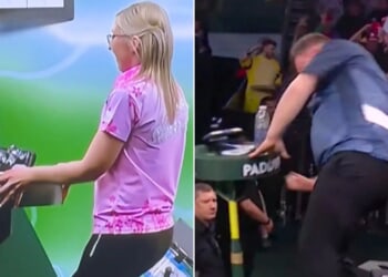 Fallon Sherrock appears to make cheeky gesture towards table days after ex-boyfriend Cameron Menzies punched it in fury