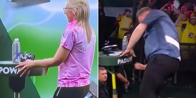 Fallon Sherrock appears to make cheeky gesture towards table days after ex-boyfriend Cameron Menzies punched it in fury