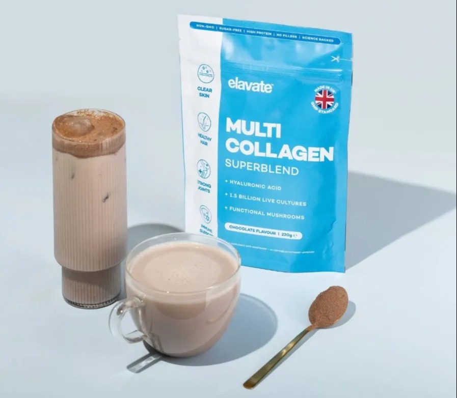 Elavate Multi Collagen Superblend in chocolate flavor, shown with a cold and hot chocolate drink and a spoonful of the powder.