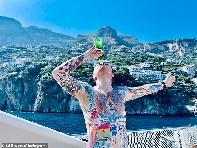 A shirtless Sheeran guzzles beer in an undated social media photo, taken before he began his gruelling fitness journey