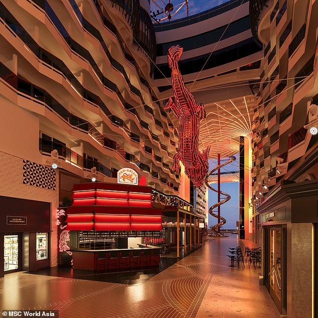 Each evening, more than 3,000 LED lights will illuminate a striking stainless-steel dragon suspended from the ceiling of an atrium