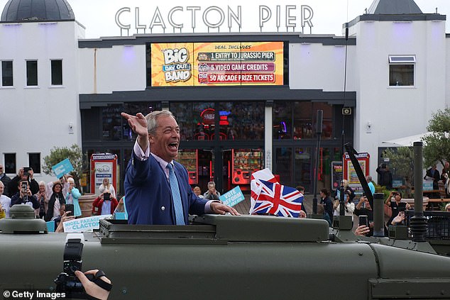 Mr Farage speaks to the crowd as he arrives in a land rover to deliver a stump speech to supporters on July 3, 2024 in Clacton-on-Sea, England